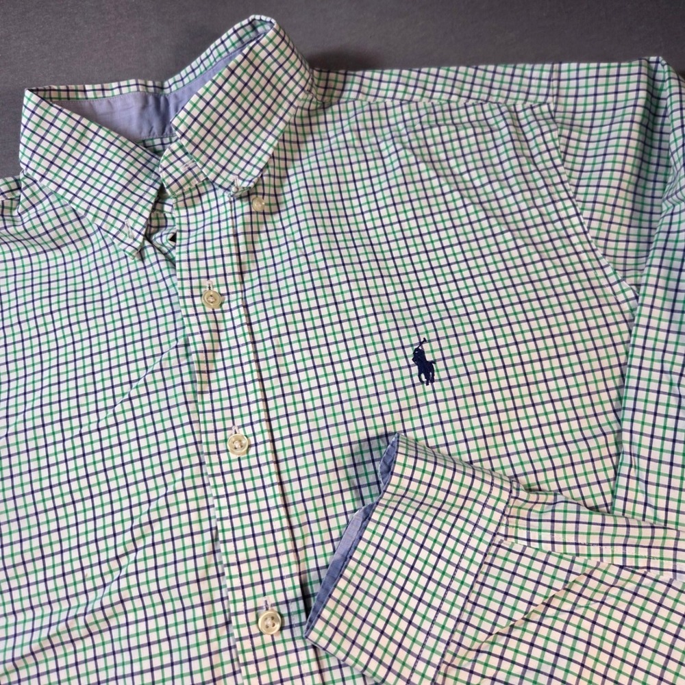Polo Ralph Lauren Mens Classic Fit Non Iron Shirt Green Navy Check Size M